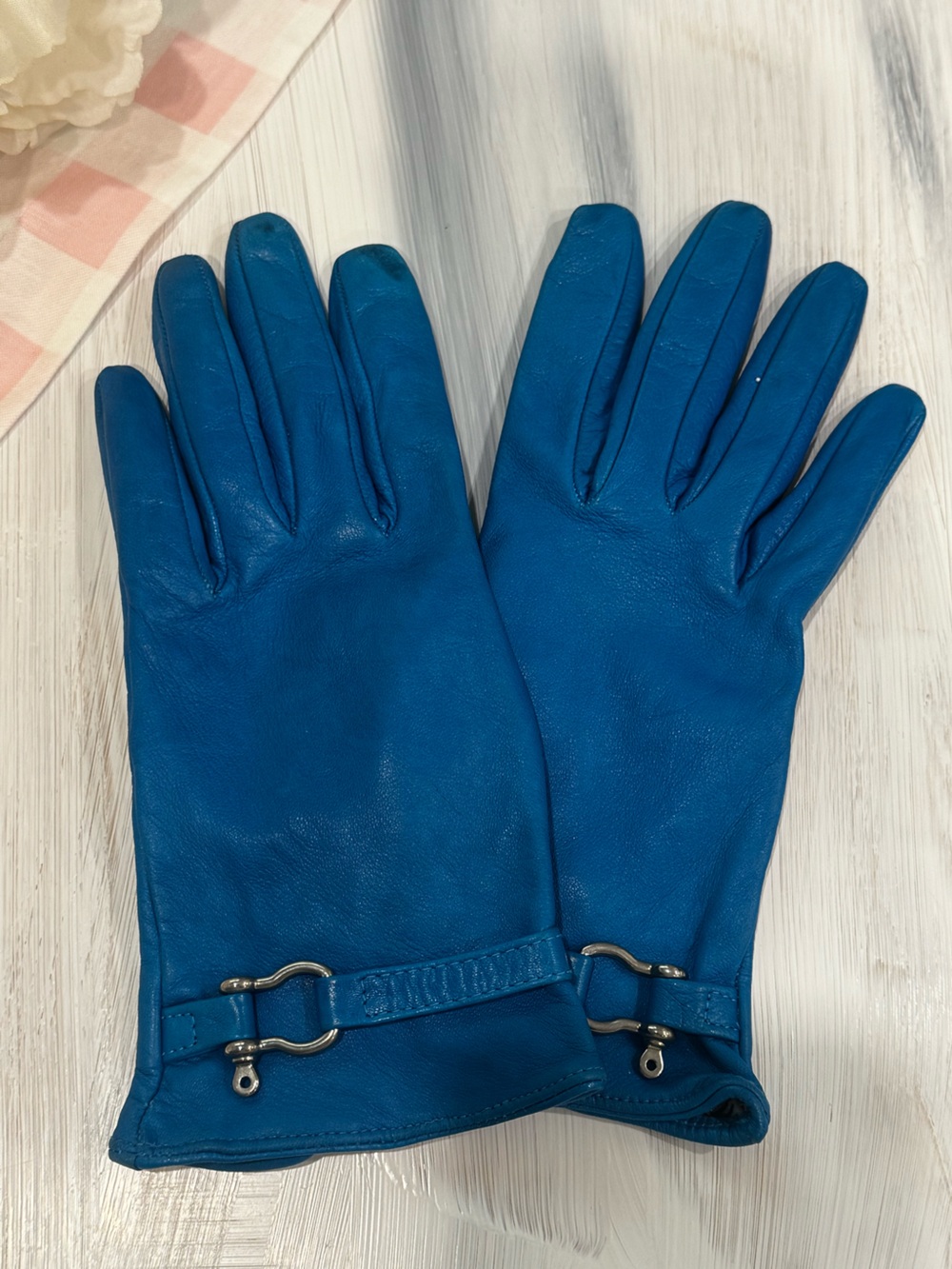 BURBERRY Cobalt Blue Leather and Silk Women's Gloves with Silver Accent - Picture 3 of 11